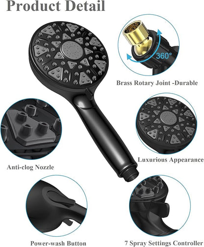 High Pressure Shower head with Handheld 7 Modes, Built-in Power Wash to Clear Tub. Tile &amp; Pets, 5” High Flow Hand Held Hydro Rain Showerhead with Stainless Steel Hose and Adjustable Bracket-Matt Black