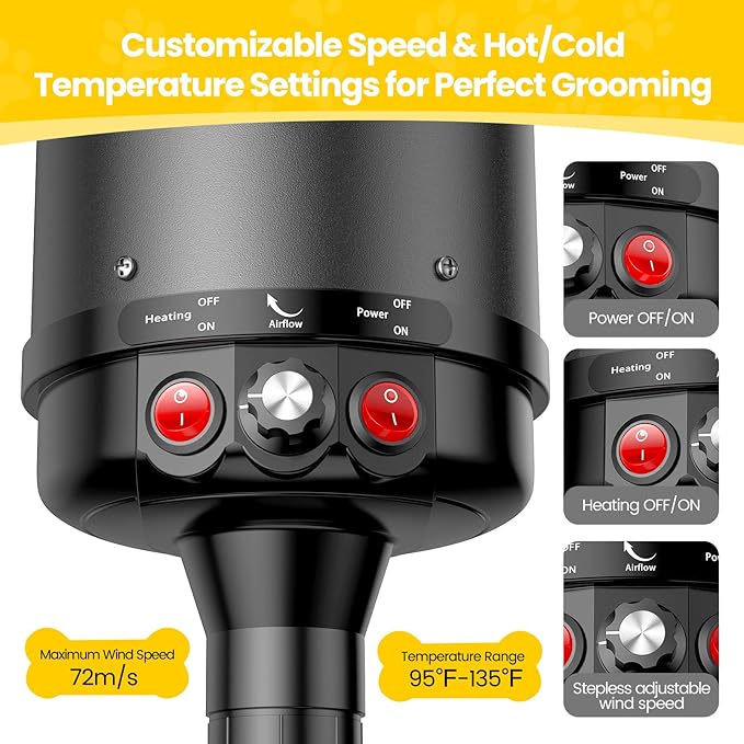Dog Dryer, 5.2HP/3800W High Velocity Dog Hair Dryer with 4 Nozzles, Stepless Adjustable Speed &amp; Temperature Control, Low Noise Professional Dog Grooming Dryer (Black)