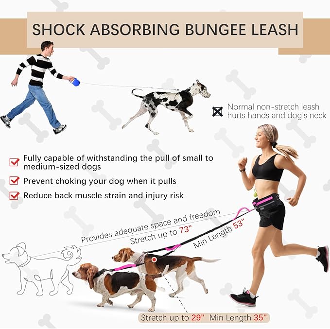 Hands-Free Dog Leash with Pouch, Waist Leash for Walking Two Dogs, Reflective Stitching, Dual Handle, Bungee Retractable for Medium to Large Dogs - Pink,Dog Walking Accessories
