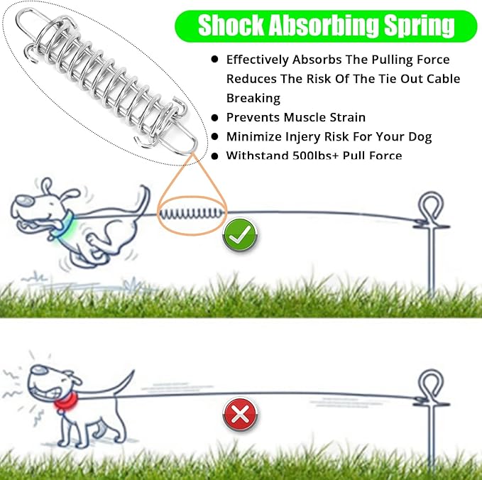 Jenico Dog Tie Out Cable, 10-150FT Runner Cable with Swivel Hook and Shock Spring, Yard &amp; Camping Dog Leash Tether for Small to Medium Pets Up to 500 LBS