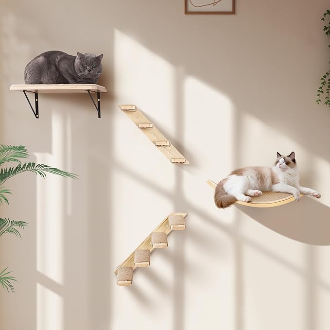 Wall Mounted Cat Shelves Stairs Set, 4 Piece Wood Cats Wall Furniture with Sisal Cat Window Perch, Flat Perch &amp; Dual 4-Step Ladders for Climbing &amp; Scratching