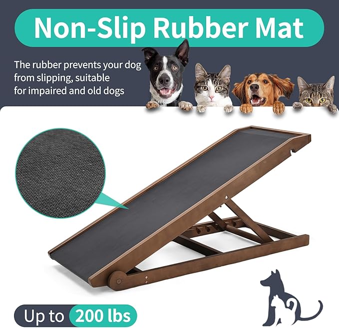 Dog Ramp, Adjustable Height Wooden Folding Pet Ramp for Bed, Couch,SUV-High Traction, Portable Paw Ramps for Small &amp; Large Old Dogs &amp; Cats - Furniture Quality