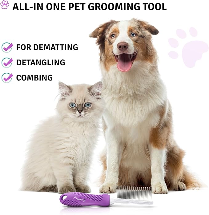 Poodle Pet Detangling Pet Comb with Long &amp; Short Stainless Steel Teeth for Removing Matted Fur, Knots &amp; Tangles – Detangler Tool Accessories for Safe &amp; Gentle DIY Dog &amp; Cat Grooming