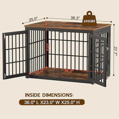 38 Inch Heavy Duty Dog Crate Furniture for Large and Medium Dogs, Decorative Pet House End Table, Wooden Cage Kennel Furniture Indoor, Rustic Brown