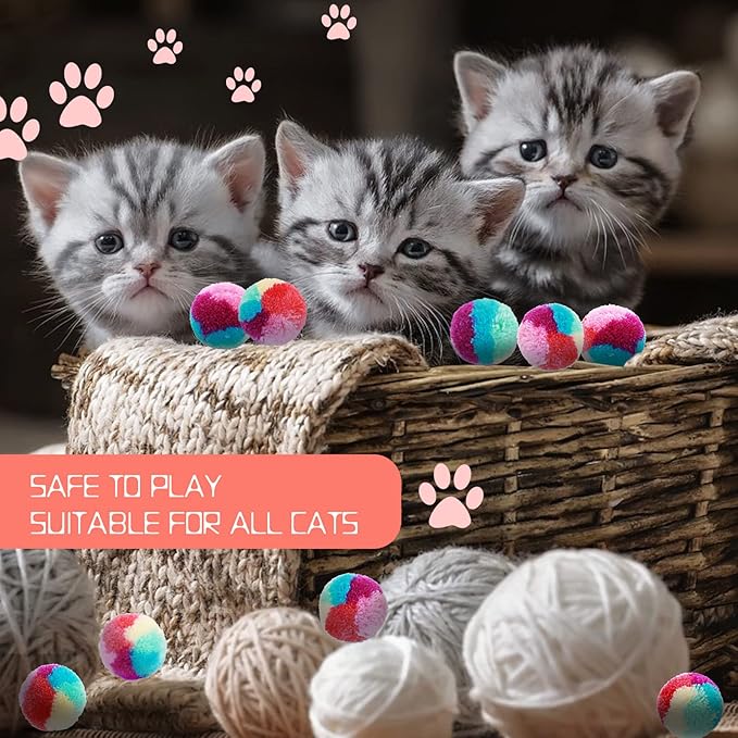 Rainbow Cat Toy Kit - 20PCS Soft Pom Pom Balls for Indoor Cat Play &amp; Exercise