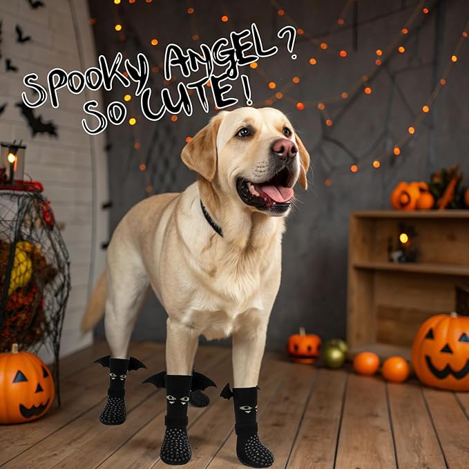 EXPAWLORER Halloween Anti Slip Dog Socks to Prevent Licking Paws, Boots &amp; Paw Protectors with Grippers,Doggie Booties for Hardwood Floors for Small Medium Large Senior Dogs Costume Black Devil Wings S