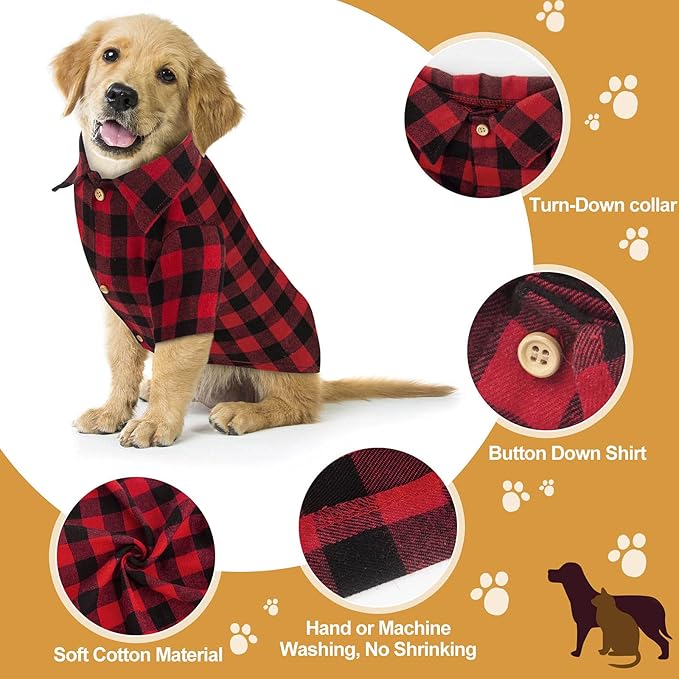 Plaid Buffalo Dog Outfit - Soft Casual Dog &amp; Cat Clothes for Small to Large Puppies - Red, Halloween &amp; Christmas Costume (L)