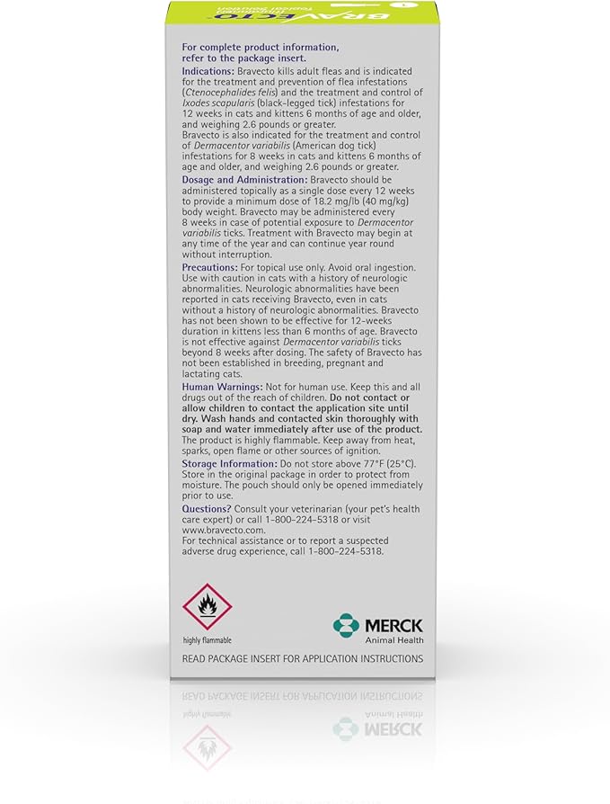 BRAVECTO Topical Solution for Cats, Flea &amp; Tick, 12 Week Supply, 2.6-6.2 lbs., Green Box