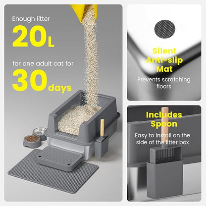 Stainless Steel Cat Litter Box - Enclosed XL Metal Kitty Litter Box with Lid for Big Cats, High Sided, Anti-Leakage, Easy Cleaning, Non-Sticky, Included Litter Mat, Cat Bowl &amp; Spoon