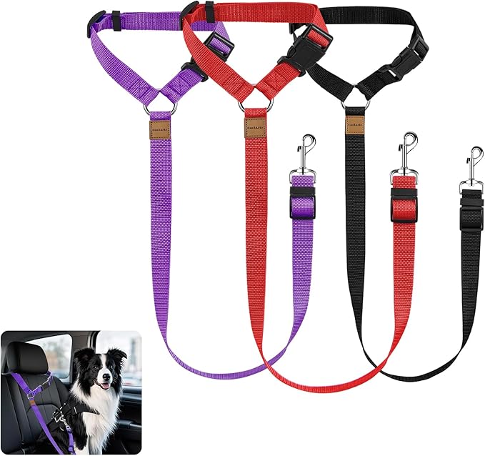3 Pack Dog Seat Belt for Car, Car Headrest Restraint Adjustable Nylon Fabric, Dog Restraints Vehicle Seatbelts Harness (Black &amp; Red &amp; Purple)