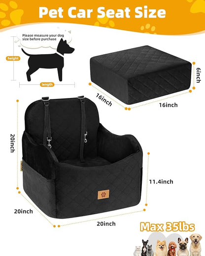 Car Seat Booster for Dog: High-Support Memory Foam Pet Car Seat for Small/Medium Dogs Under 35lbs with Elevated Cushion - Detachable Washable Puppy Travel Bed for Driving with Pockets (Black)
