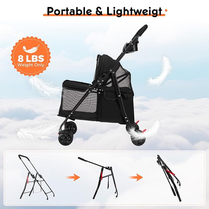 Foldable Pet Stroller for Small/Medium Pets up to 22 lbs - Lightweight 4-Wheel Design with Sun Canopy, Storage Bag &amp; Breathable Mesh
