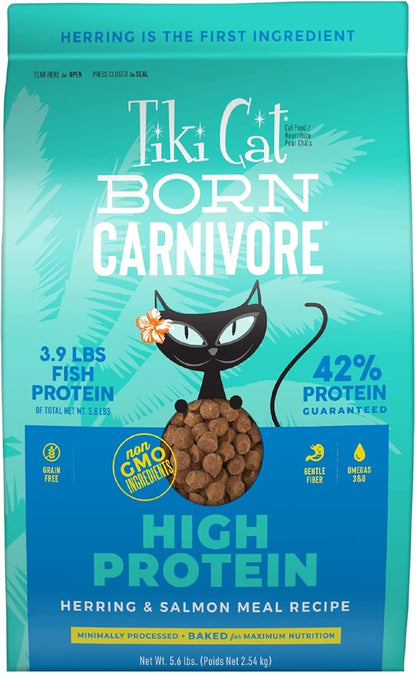 Tiki Cat Born Carnivore High Protein Dry Cat Food, Herring &amp; Salmon Meal, 5.6 lbs. Bag