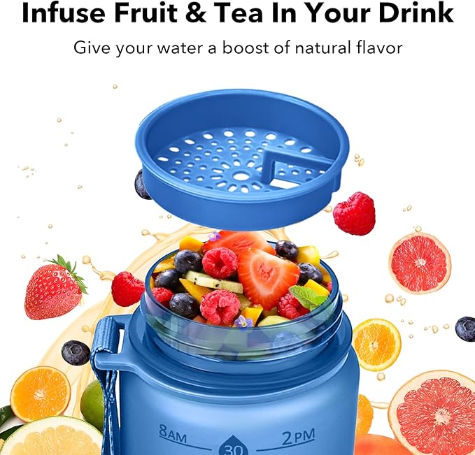 32oz Motivational Water Bottles with Time Marker &amp; Fruit Strainer, Transparent Gradient Color Water Bottle with Times to Drink, Leakproof &amp; BPA Free, Reusable Bottle with Strap (No Straw)