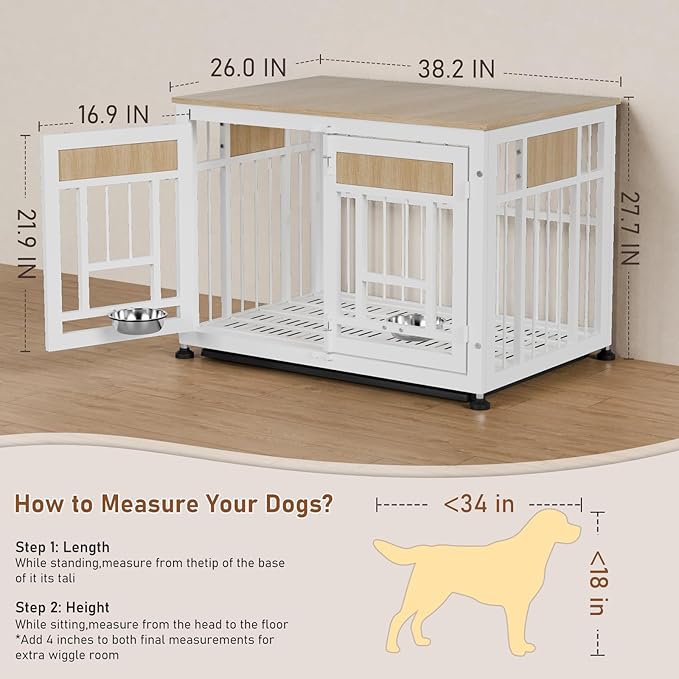 Dog Crate Furniture End Table, 38 Inch Hidden Kennel Cabinet with Removable Tray, Thickened Metal Frame Dog Cage, Dual-Purpose Pet House &amp; Nightstand for Living Room