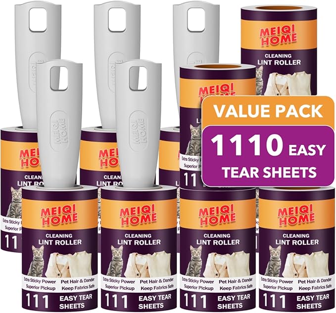 MEIQIHOME Lint Rollers for Pet Hair Extra Sticky, 1110 Sheets Mega Value Set Lint Roller with 5 Upgraded Handles, 10 Rollers Portable Pet Lint Roller for Clothes, Furniture, Dog &amp; Cat Hair Removal