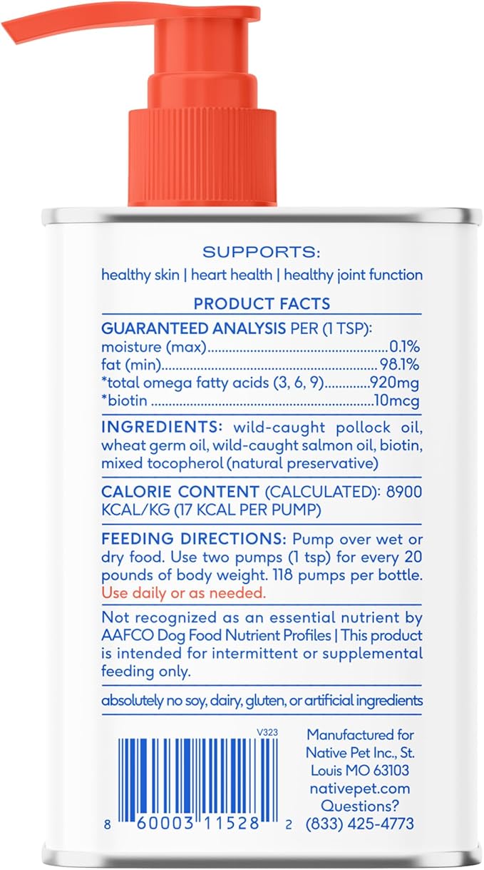 Native Pet Omega 3 Fish Oil for Dogs &amp; Cats - Promotes Healthy Skin, Shiny Coat, &amp; Strong Joints - Made with Wild Alaskan Salmon Oil for Dogs – Tasty, Fast-Absorbing Omega 3 6 9 Liquid Supplement- 8oz