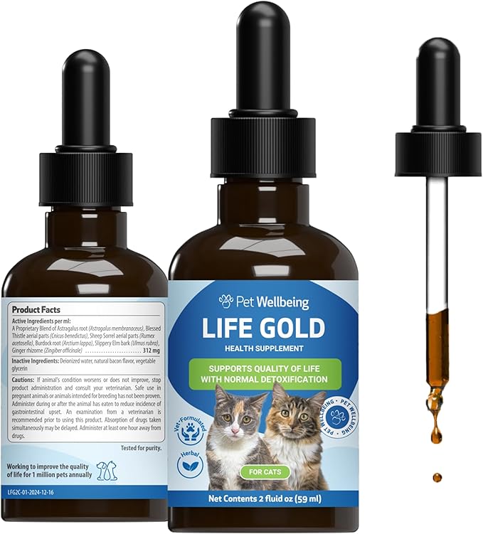 Life Gold for Cats - Supports Detoxification &amp; Healthy Immune Defenses, Astragalus, Burdock, Sheep Sorrel - Pet Wellbeing Vet-Formulated Holistic Supplement – 2 oz (59 ml)