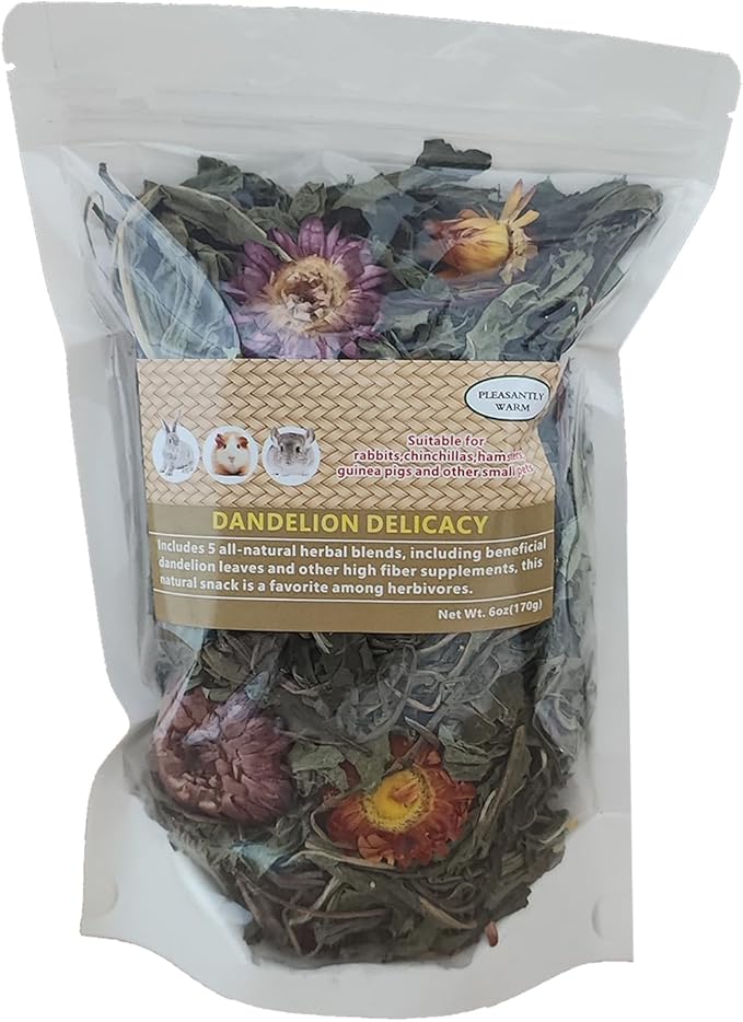 Dandelion Treat - High Fiber Food for Chinchillas, Guinea Pigs &amp; Squirrels - 5 Herbal Blends, 6oz - Rabbit, Hamster &amp; Small Pet Snack