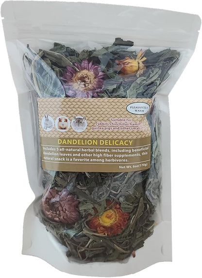 Dandelion Treat - High Fiber Food for Chinchillas, Guinea Pigs &amp; Squirrels - 5 Herbal Blends, 6oz - Rabbit, Hamster &amp; Small Pet Snack