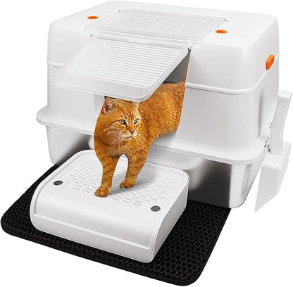Vivifying Stainless Steel Litter Box with Lid, XL Side Entry Extra Large Litter Box for Big Cats &amp; Kitty, Removable Enclosed Metal Cat Pan with High Sided Enclosure, Scoop, Mat, Footboard (Beige)