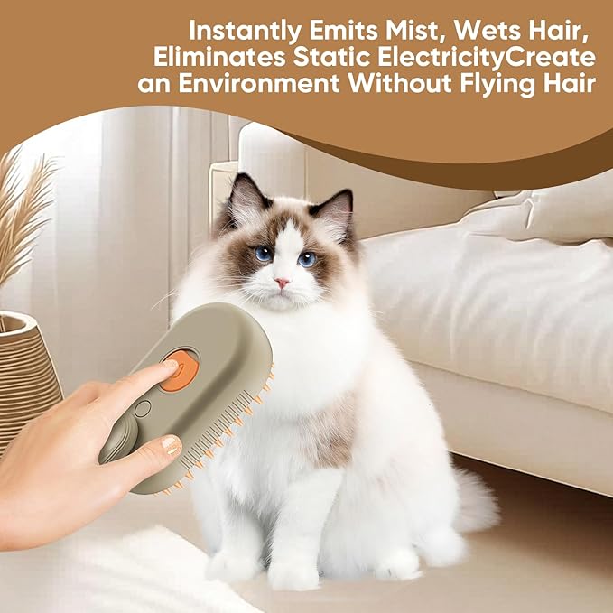 4-in-1 Cat Steam Brush for shedding–Self-Cleaning Comb for Long and Short Hair Cats and Dogs, Steam Pet Brush for Hair Removal, Vibrating Message, Grooming &amp; Relaxation (Khaki)