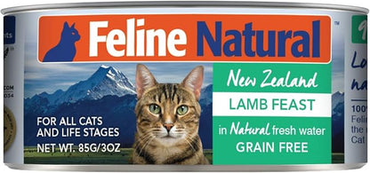 Feline Natural New Zealand Canned Catfood Wet Food, High-Meat, Low-Carb, &amp; Grain Free Cat Food Wet, Lamb Feast, 3 oz, Pack of 24