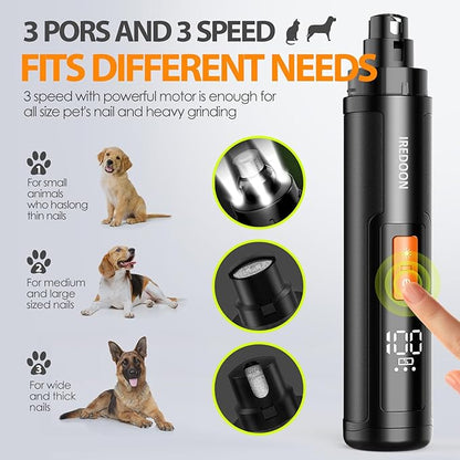 Dog Nail Grinder Upgraded - Professional 3-Speed Super Quiet and Low Vibration Electric Pet Nail Grinder with 4 LED Lights - Painless Paws Grooming &amp; Smoothing for Small to Large Dogs (Black)