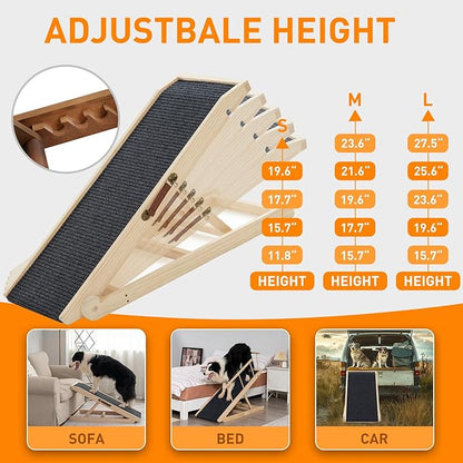 Dog Ramp for Bed Couch - Pet Steps Stairs to Get on Bed Couch 11.8"-19.6" High for Small or Large Dog Up to 200 lbs, Adjustable Wooden Dog Ramp Steps Foldable Portable, Anti-Slip Carpet (Brown)