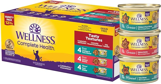 Wellness Complete Health Gravy &amp; Minced Adult Wet Cat Food, Natural, Protein-Rich, Grain Free, 3 Ounce, 12 Pack, (Salmon, Tuna, and Chicken Variety Pack)