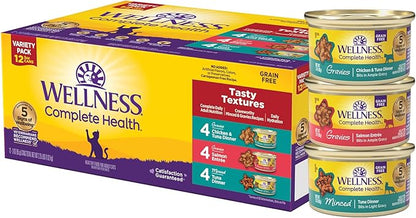 Wellness Complete Health Gravy &amp; Minced Adult Wet Cat Food, Natural, Protein-Rich, Grain Free, 3 Ounce, 12 Pack, (Salmon, Tuna, and Chicken Variety Pack)