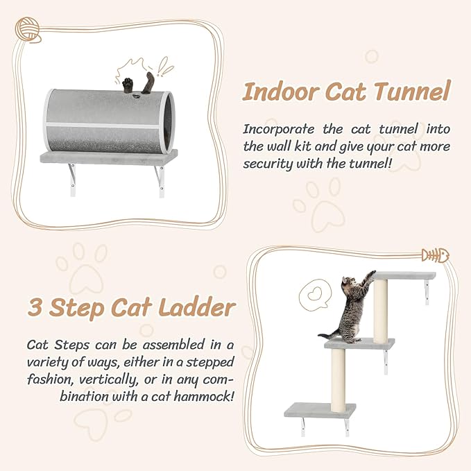 NUNU LAB Wall Mounted Cat Furniture, 7 Pcs Cat Wall Shelves with House, Tunnel, Bridge, Steps, Scratcher, Hammock, Bed, Indoor Safe &amp; Stable Furniture for Kittens Play, Gray