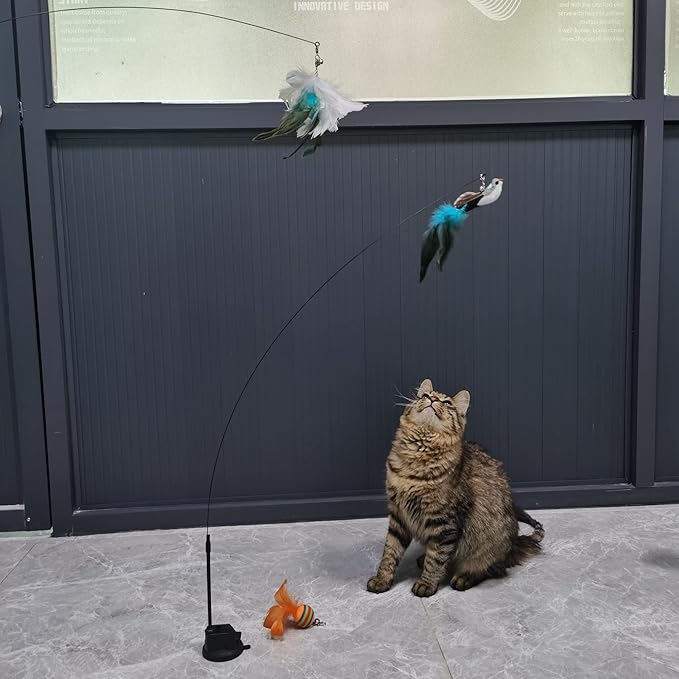 Interactive Cat Feather Toy with Super Suction Cup &amp; Bonus Double-Sided Nano Adhesive – 3 Replaceable Feathers, Bell &amp; Spring Wand – Fun Exercise for Indoor Cats &amp; Kittens (Fly Bird Blue)