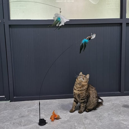Interactive Cat Feather Toy with Super Suction Cup &amp; Bonus Double-Sided Nano Adhesive – 3 Replaceable Feathers, Bell &amp; Spring Wand – Fun Exercise for Indoor Cats &amp; Kittens (Fly Bird Blue)