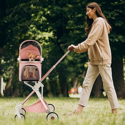 MoNiBloom 3 in 1 Pet Stroller with Adjustable Handle, Jogging Stroller w/Detachable Carrier &amp; Lightweight Aluminum Frame for Dogs Cats, Soft Pink