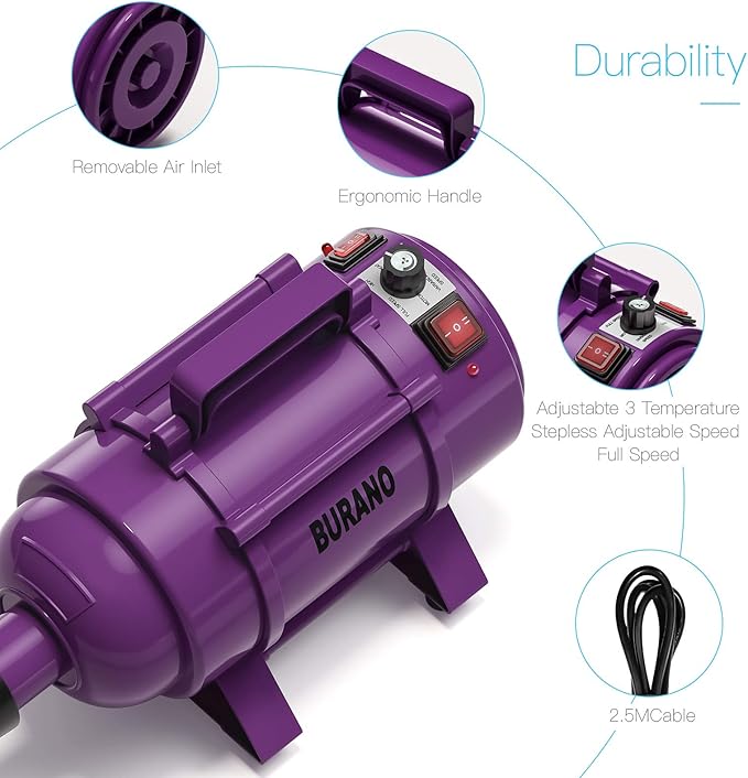 Burano Dog Dryer, High Velocity Pet Hair Dryer, 4.3HP Stepless Adjustable Speed Dog Hair Force Dryer for Dogs, Cats &amp; More, Powerful Pet Blower with Heater