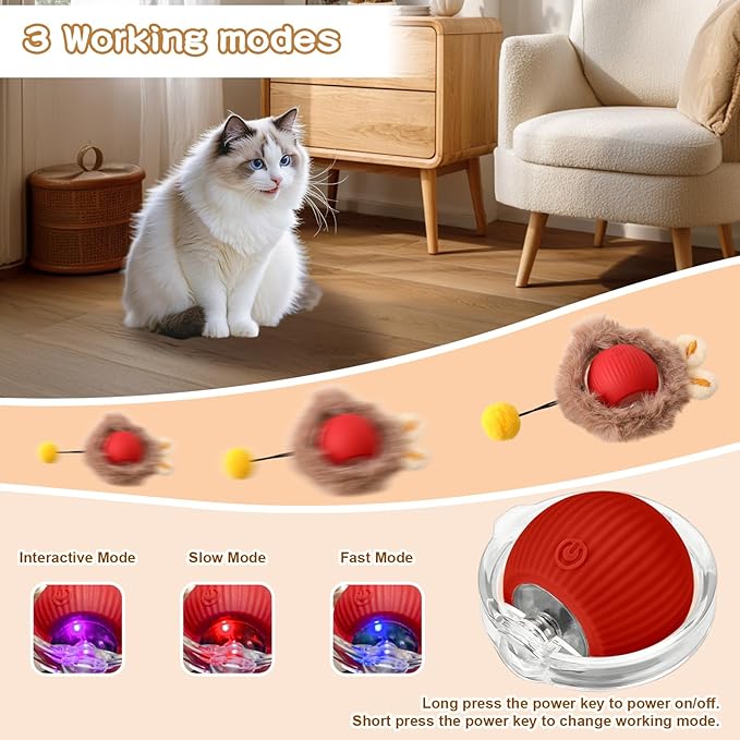 Rocfish Interactive Cat Toys Ball - Automatic Fast Rolling Ball in Play Mat, Hide and Seek Mouse Catching Game, Low-Noise Cat Enrichment Toys in Pouch for Indoor Bored Cats (Red Toy &amp; Square Mat)