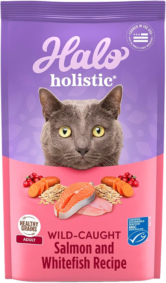 Halo Holistic Cat Food Wild Caught Salmon &amp; Whitefish Formula, Healthy Grains Dry Cat Food, Complete Digestive Health, Kibble for Adult Cats, 3 lb Bag