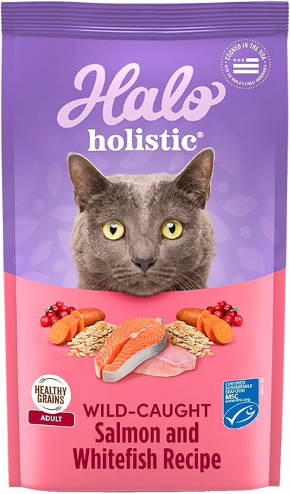 Halo Holistic Cat Food Wild Caught Salmon &amp; Whitefish Formula, Healthy Grains Dry Cat Food, Complete Digestive Health, Kibble for Adult Cats, 3 lb Bag