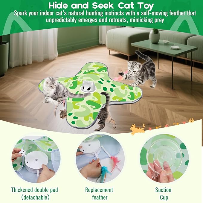 VIWIK Interactive Cat Toys for Indoor Cats, Hide and Seek Moving Feather Toy for Bored Adult Cats with Suction Cup &amp; Cover, Automatic Kitten Wand Toy, Cat Enrichment Toys for All Breeds Green