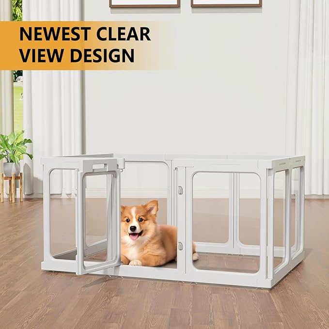 Clear Acrylic Dog Playpen with Door, for Puppy Cat Rabbit Transparent Pet Pen, Dog Playpen Indoor, Dog Fence, Easy Assemble &amp; Cleaning Dog Pen for Small &amp; Medium Dogs (23.6“ Height, 10PCS)