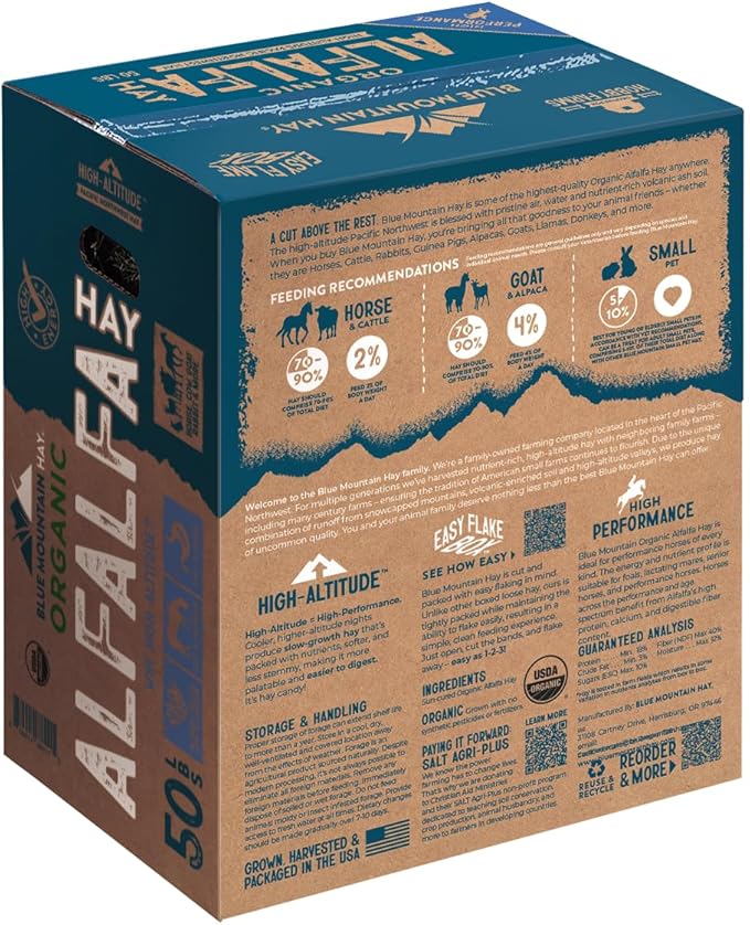 Blue Mountain Hay High-Altitude Organic Alfalfa Hay, 50lb Easy Flake Box - High Protein, Fiber &amp; Mineral-Rich - High Leaf Retention - Ideal for Horses, Goats, Rabbits, Guinea Pigs &amp; Other Small Pets