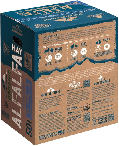 Blue Mountain Hay High-Altitude Organic Alfalfa Hay, 50lb Easy Flake Box - High Protein, Fiber &amp; Mineral-Rich - High Leaf Retention - Ideal for Horses, Goats, Rabbits, Guinea Pigs &amp; Other Small Pets