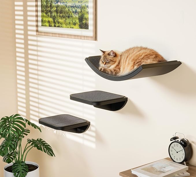 Grey Sisal-Padded Cat Wall Steps (2-Pack), Floating Wooden Cat Perch and Climbing Step Set, Wall Mounted Furniture for Jumping &amp; Play
