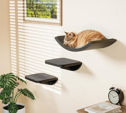 Cat Wall Shelves for Large Cats Set, Grey Curved Wall Sisal Bed and 2 Floating Wall Sisal Steps, Wall Mounted Climbing Shelves for Sleeping, Playing, and Lounging