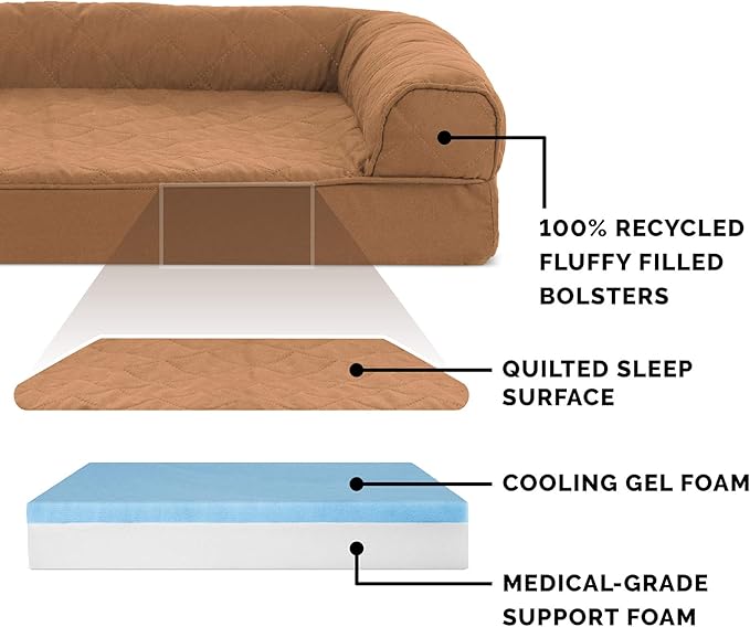 Furhaven Cooling Gel Dog Bed for Medium/Small Dogs w/ Removable Bolsters &amp; Washable Cover, For Dogs Up to 35 lbs - Quilted Sofa - Toasted Brown, Medium