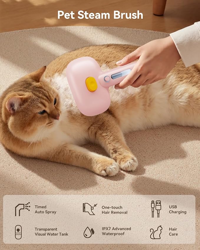 ROJECO 3-in-1 Pet Steam Brush for Cats&amp;Dogs - Detangling Comb with Adjustable Mist, Handheld Deshedding Grooming Tool for Long/Short Hair, Massage Brush &amp; Shedding Control Gift,Cordless,Pink