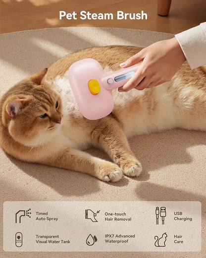 ROJECO 3-in-1 Pet Steam Brush for Cats&amp;Dogs - Detangling Comb with Adjustable Mist, Handheld Deshedding Grooming Tool for Long/Short Hair, Massage Brush &amp; Shedding Control Gift,Cordless,Pink
