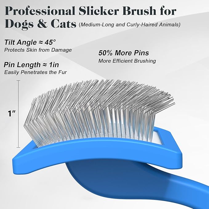 2PCS Slicker Brush for Dogs &amp; Pet Comb,Professional Dog Grooming Brush (Goldendoodles,Poodles,Labradoodles) with Extra Long Pins to Effectively Remove Tangles, Knots and Mats (Blue)