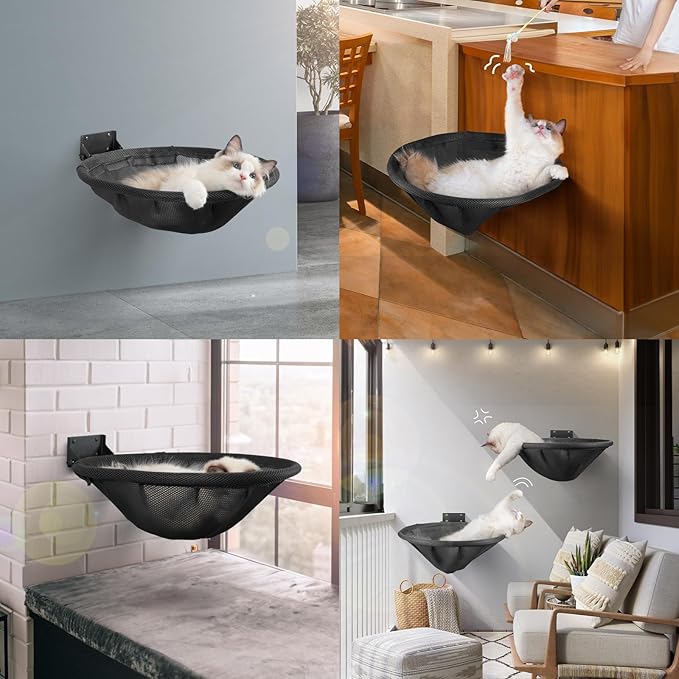 Cat Hammock Wall Mounted, Foldable &amp; Stable Cat Beds- Breathable Cat Wall Shelves for Sleeping, Playing, Climbing, and Lounging - Maximum Hold Up to 30lb (Black)